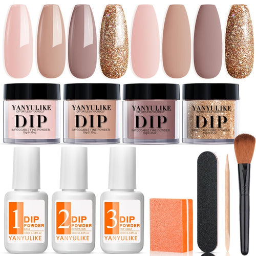 Dip Powder Nail Kit 11pcs for Beginners - 4 Nude Skin Tone Shades Golden Glitter Base Coat Top Coat Activator French Nail Art Gift Set