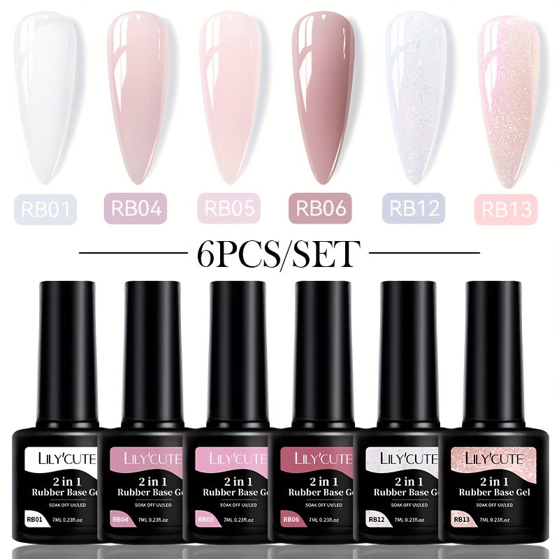 LILYCUTE 0.24oz 6pcs 2 In1 Rubber Base Gel Nude Pink Color Soak Off LED Semi Permant Self-leveling Gel Nail Art Varnish