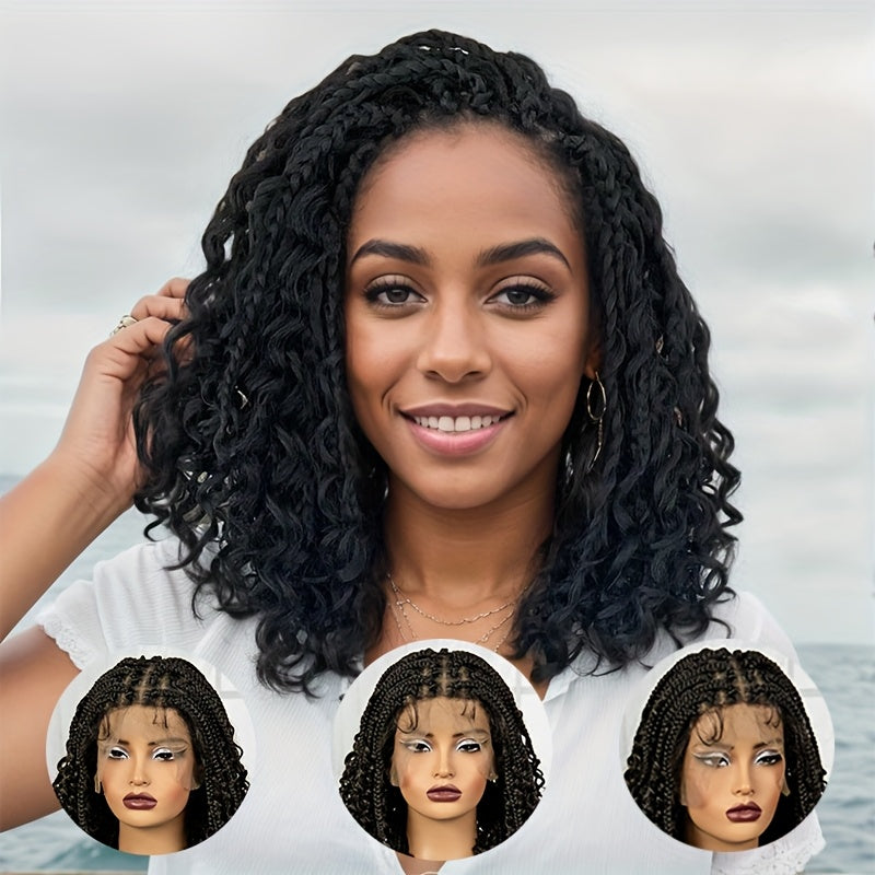 Elegant Full Lace Knotless Braided Wig with Curly Ends - 180% Density Synthetic Hair for Women, Handmade Braiding Wig for Christmas Halloween Valentine's Day Parties, Holiday Gift for All Ethnicities, Wig Accessories, Party Accessory, Sleek Appearance