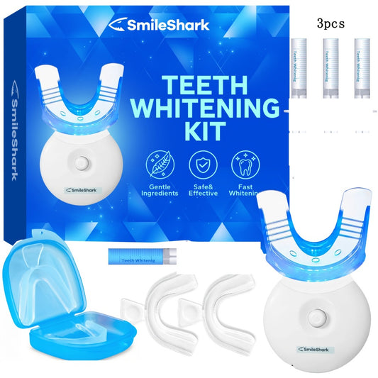 Teeth Whitening Kit with LED Light Accelerator, 3 Whitening Gel Syringes, Remineralizing Gel, Mouth Trays & Tray Case, At-Home Stain Removal for Fast Visible Results, Mint Flavor Whitening Set