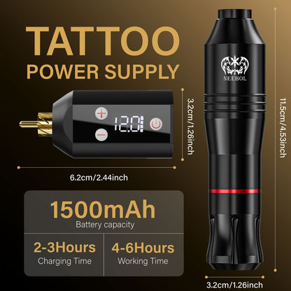 Wireless Tattoo Machine Kit Neebol with Screen Display 6-Hour Battery 10 Red Cartridge Needles 7 Inks Practice Skin Complete Tattoo Pen Gun Set for Beginners Artists Body Art