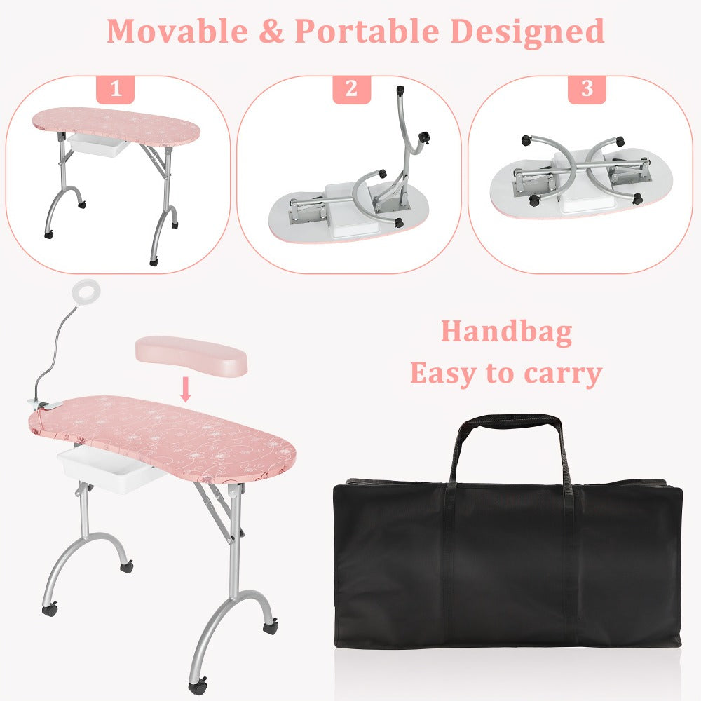 Foldable Nail Table for Manicures, Featuring a Drawer, LED Lamp, Four Lockable Wheels, And a Carrying Bag, Designed for with a Wrist Cushion