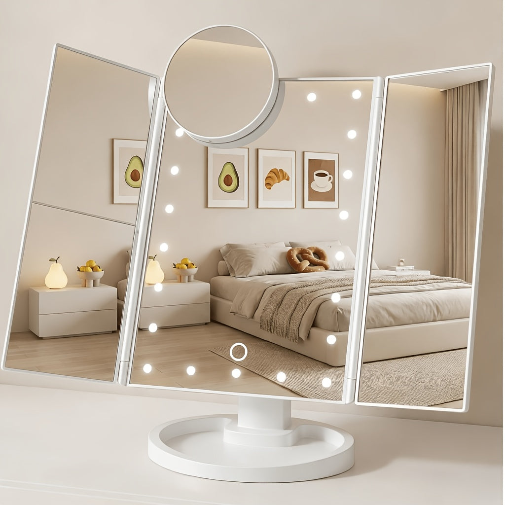 Vanity Mirror with Lights Tri-Fold 21 LED Lighted Makeup Mirror - Touch Control 1X 2X 3X 10X Magnification 360° Rotation Dual Power Trifold Tabletop Mirror