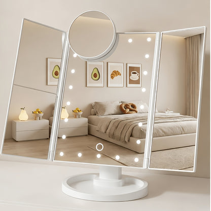 Vanity Mirror with Lights Tri-Fold 21 LED Lighted Makeup Mirror - Touch Control 1X 2X 3X 10X Magnification 360° Rotation Dual Power Trifold Tabletop Mirror