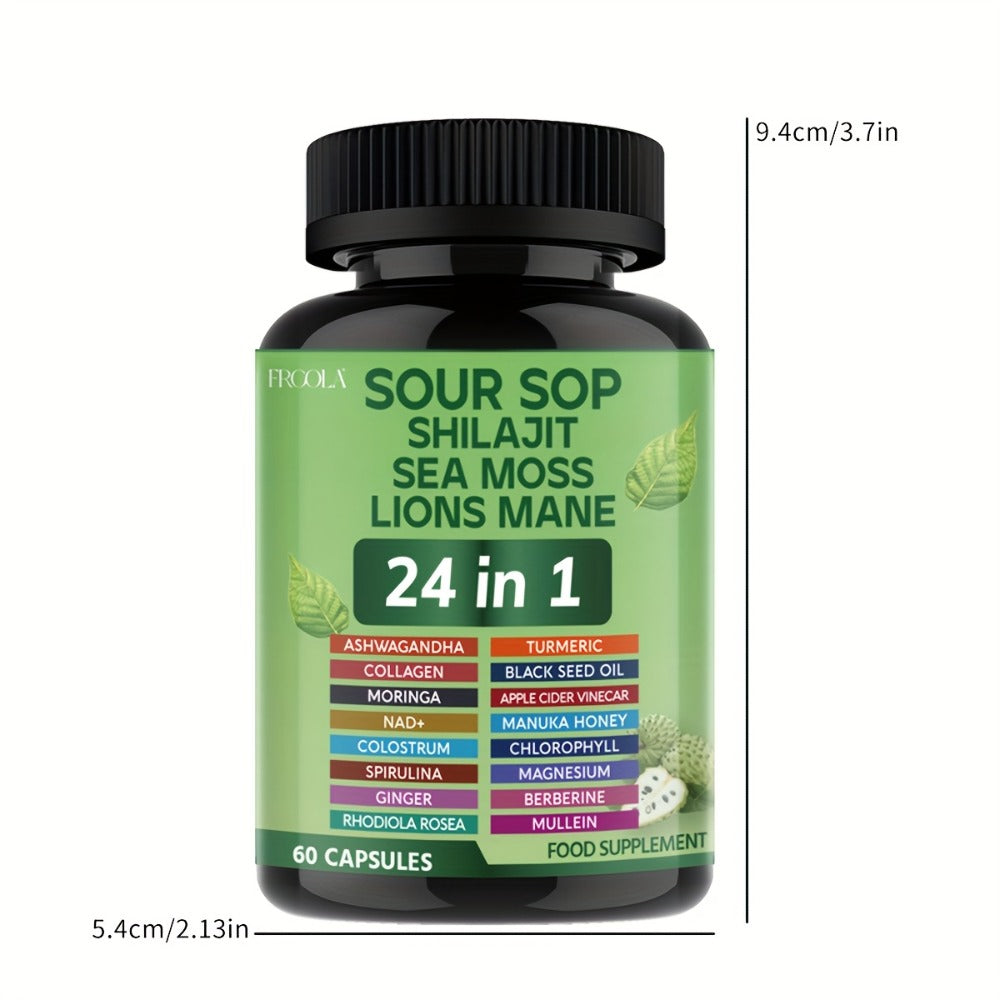 [Natural Supplement] Soursop Capsules [ 24-In-1 ] - Natural Supplement With Sea Moss, Shilajit, Lions Mane, Black Seed Oil, Chlorophyll & Turmeric - Gluten-Free, Formula For Immune & Liver Health, Daily Wellness Supplement | Herbal Label Design | Natural