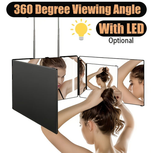Hair Cutting Mirror 3-Way Self Haircut Mirror with LED Lights - 360 Degree Viewing Angle, Anti-Fog HD Glass, USB Rechargeable, Folding Barber Mirror for Home Salon, Makeup & Grooming Gift Set