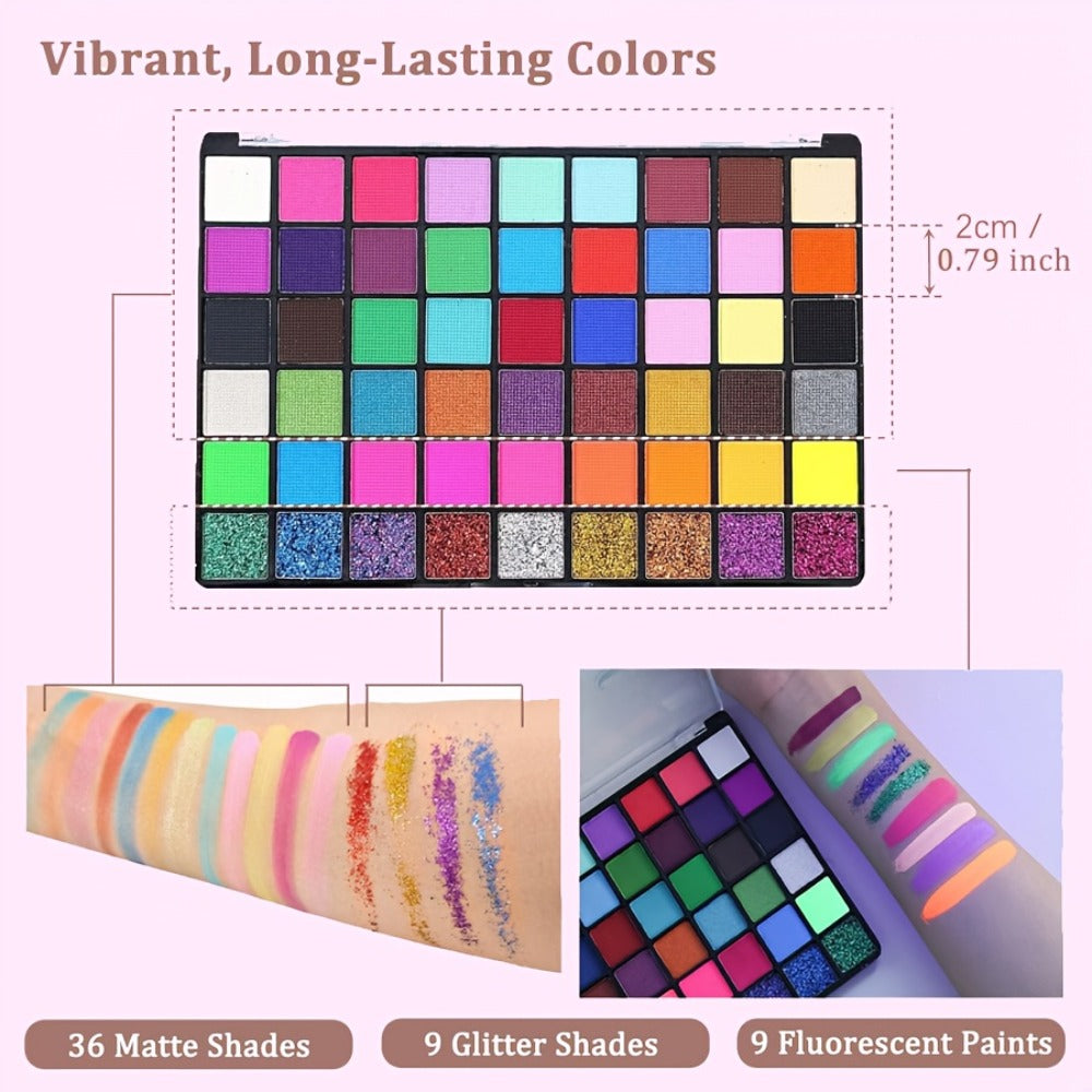 Face Body Paint Set 54 Colors — Matte, UV Fluorescent & Glitter Palette with Pattern Templates, Brushes & Tattoo Stickers for Sports, Cheerleading, Festivals & Parties