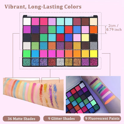 Face Body Paint Set 54 Colors — Matte, UV Fluorescent & Glitter Palette with Pattern Templates, Brushes & Tattoo Stickers for Sports, Cheerleading, Festivals & Parties