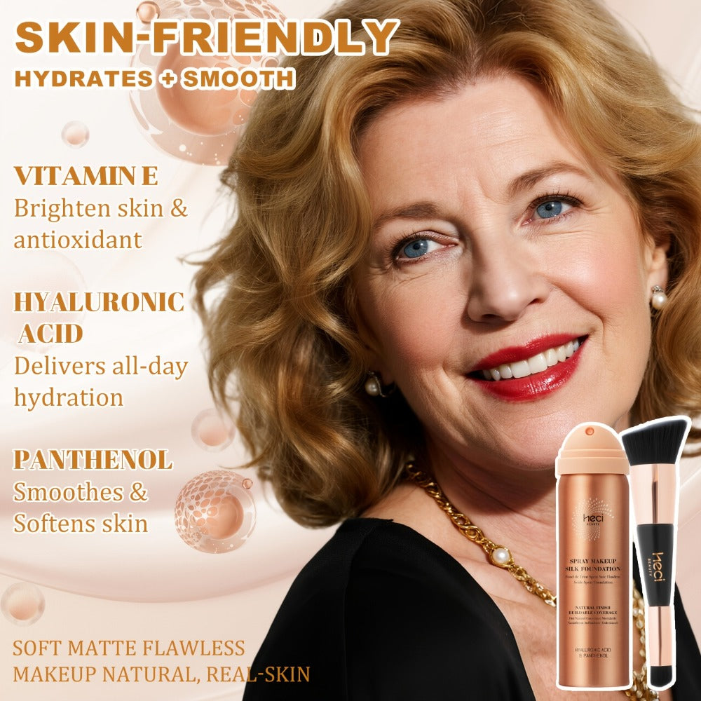 Liquid Foundation Spray with Brush 2PCS Matte Finish Panthenol & Hyaluronic Acid for Sensitive Dry Mature Skin Non-Sticky Natural Flawless Coverage Women