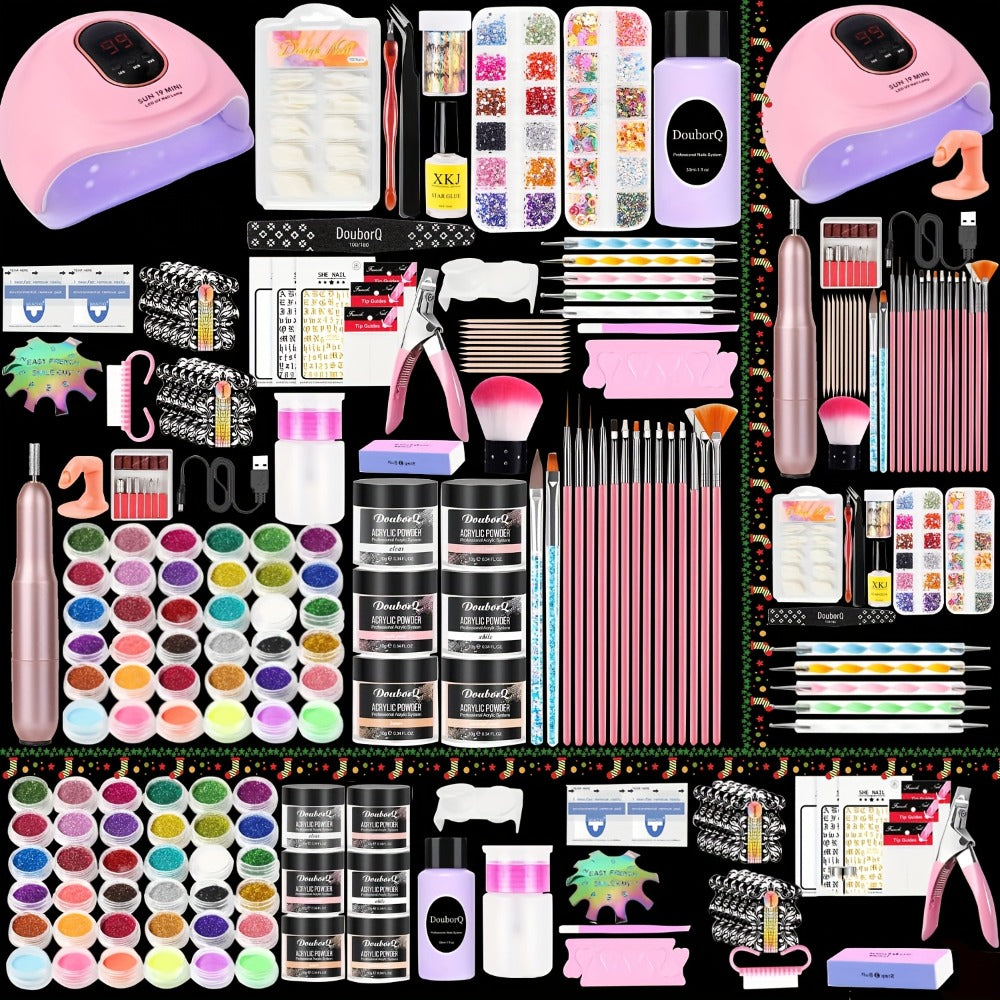 A Complete Acrylic Nail Kit That Includes a Drill And Light, Featuring Colored Acrylic Powders And All Necessary Tools for Beginners to Create Beautiful Nail Designs.