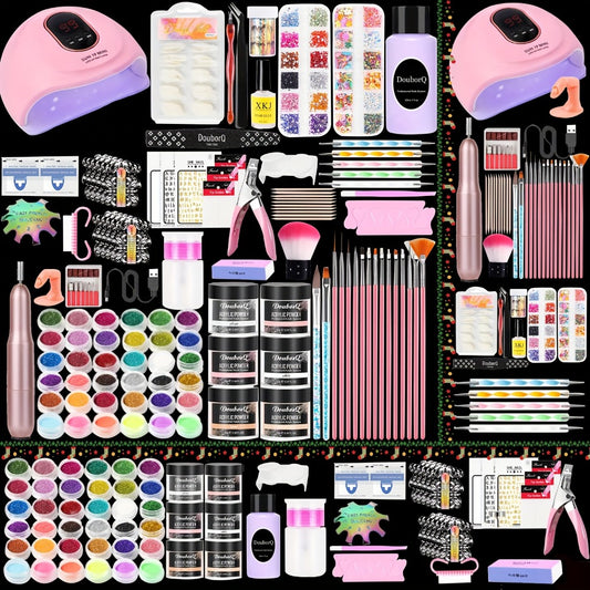 A Complete Acrylic Nail Kit That Includes a Drill And Light, Featuring Colored Acrylic Powders And All Necessary Tools for Beginners to Create Beautiful Nail Designs.