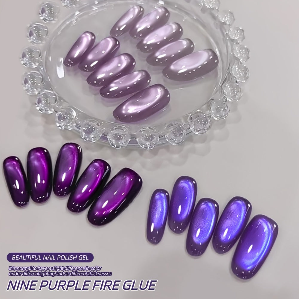 XEIJAYI Frame Bottle Nine Purple Fire + M130 - A New Set of Nail Art Featuring Super Bright Cat Eye Gel in Four Colors, Showcasing an Ultra-Glossy Glass Bead Effect with a Purple Iridescent End