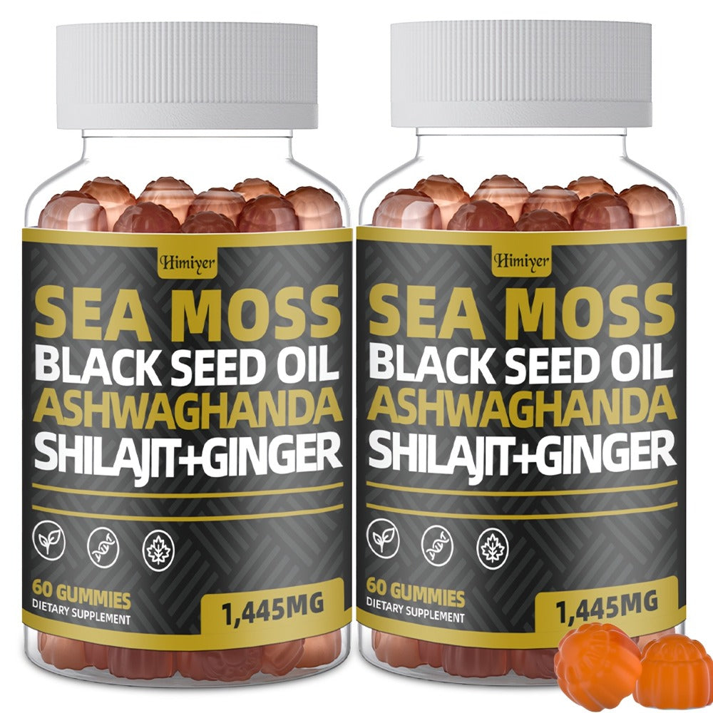 2 Month Supply, Sea Moss Gummies Black Seed Oil, Ashwagandha, Ginger, Shila Gummies with Elderberry, Chlorophyll, Turmeric, Bladderwrack, 60 Gummies Per Bottle