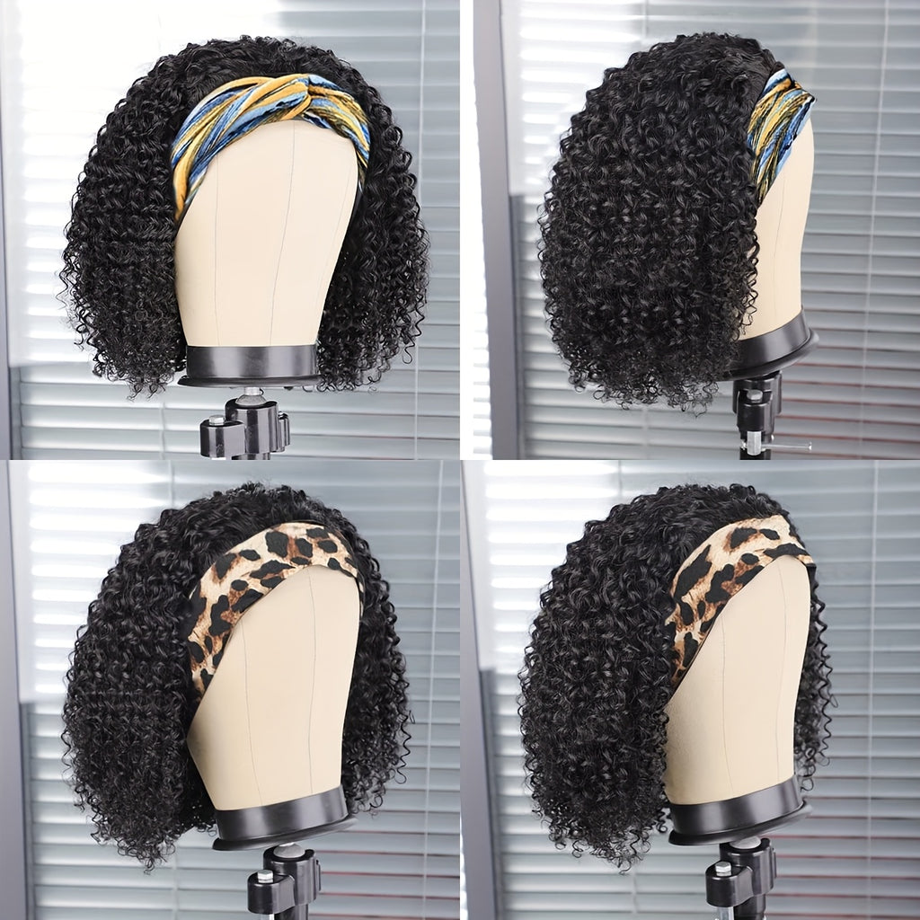 Headband Wig, Human Wig, for Woman, Pixie Cut Wig, No Glue Wig, Short Curly Hair Headband Wig, Density, Natural Black, Beginners Friendly