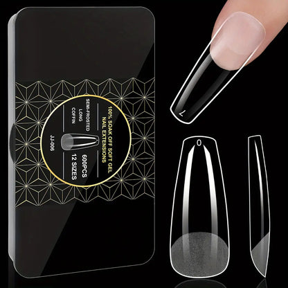 Soft Gel Nail Tips 600 Pieces - Clear Crystal Full Cover False Nails for Extensions | Almond Oval Square Coffin Stiletto Short Medium Long, Semi-Gloss Transparent Nail Tips for Nail Art Salon & DIY