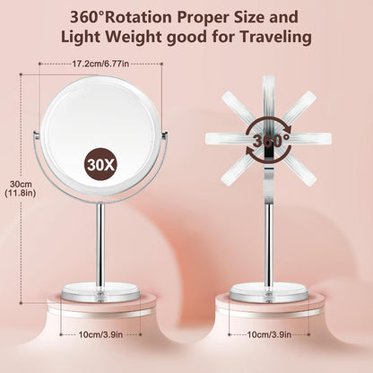 Magnifying Makeup Mirror 30X - Dual Sided 1X/30X Vanity Mirror with 360° Rotation, Detachable Design, Chrome Stainless Steel Frame, Tabletop Portable Mirror for Travel & Home, Gift