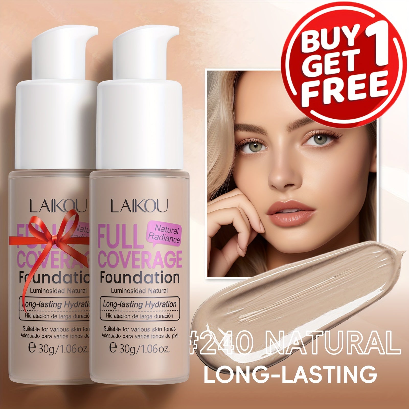 LAlKOU Hydrating Full Coverage Foundation - 1.06oz, Waterproof & Long-Lasting with Sodium Hyaluronate & Pear Powder for Flawless Skin, Invisible Pores, Conceals Blemishes - Fair to Medium Tones, 6 Colors Available, Buy 1 Get 1 Free, Buy 1 Get 1 Free