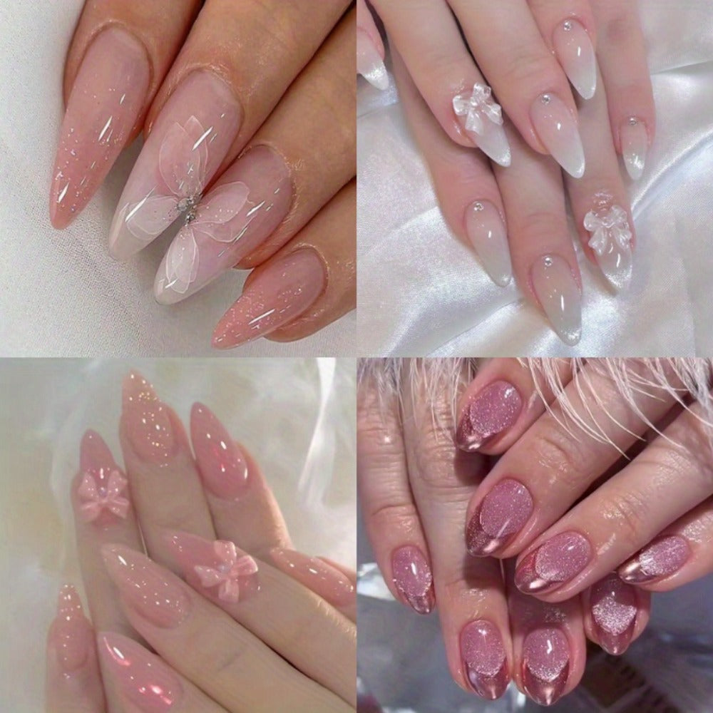 96pcs 4pcs Shiny Ice Pink Gradient Almond Nails - Exquisite Flower Butterfly Design, Easy to Bloom with Press - Perfect Daily Wear for Women and Girls