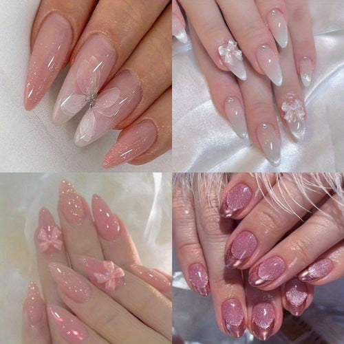 Almond Press On Nails 96pcs Ice Pink Gradient - Flower Butterfly Design Glossy Full Cover False Nails Shiny Nail Tips 4 Pack Daily Wear Nail Art Kit for Women Girls
