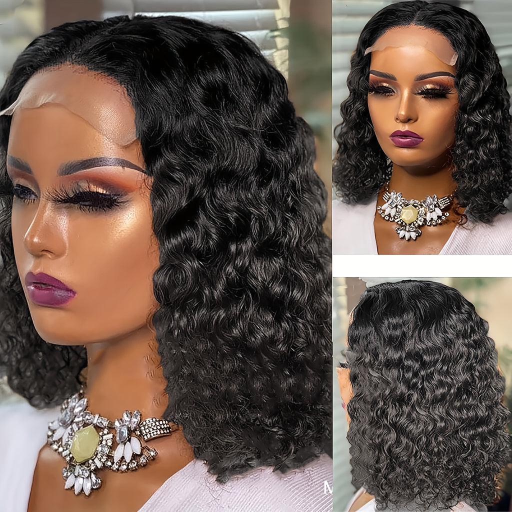 Lace Front Hair Wig Curly Wig Deep Wave Short Bob Wigs Lace Front Hair Wigs for Women Deep Curly Pre Plucked Hair Brazilian Virgin for Daily Decorative Wig Cosplay Prop Black