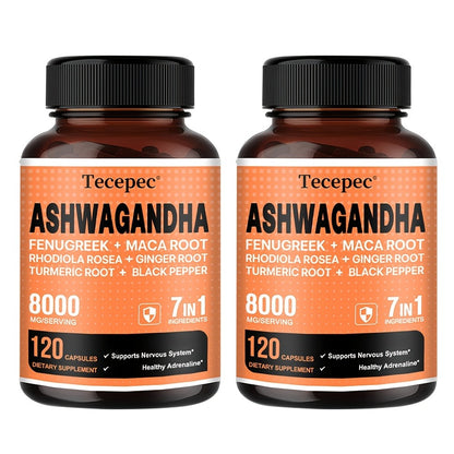 Ashwagandha Capsules 7-in-1 Adaptogen Stress Relief Supplement with Maca, Rhodiola Rosea, Ginseng & More | Supports Stress, Energy & Nerve Health | 120 Capsules | 1 or 2 Bottle Pack