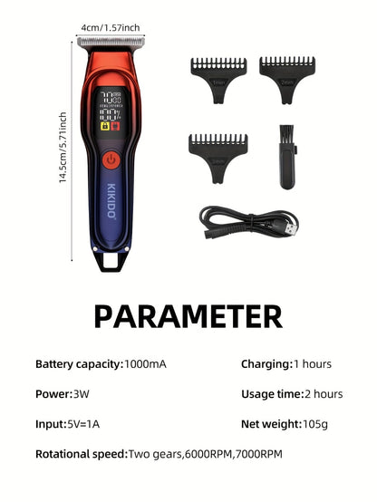 Electric Hair Clipper USB Rechargeable — KK-A2 Portable Hair Trimmer with LED Display, 2-Speed Adjustable 0-100 RPM, Interchangeable Limit Comb, Fast Charging, Home & Travel Grooming