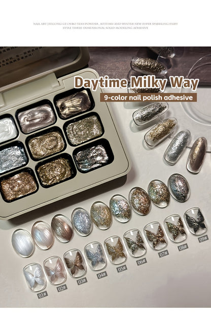 Fairy Powder Nail Art Gel Set 9 Colors - Nine-Grid Special Effect Milky Way Galaxy Gel Polish Alcohol Free UV LED Soak Off - Long Lasting Glitter Nail Gel for Salon & Home DIY Women