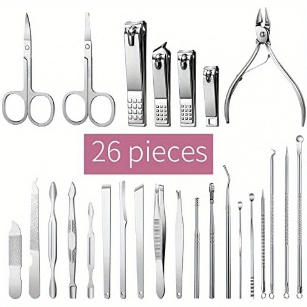 [Christmas Essentials] 26pcs Manicure Set Stainless Steel Nail Clippers Cuticle Nipper Pedicure Care Tool Dead Skin Scissor Cleaning Grooming Kit Christmas Essentials