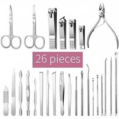 Manicure Set 26pcs Stainless Steel Nail Clippers Cuticle Nipper Pedicure Care Tools Dead Skin Scissors Grooming Kit Pink Gift Set Women