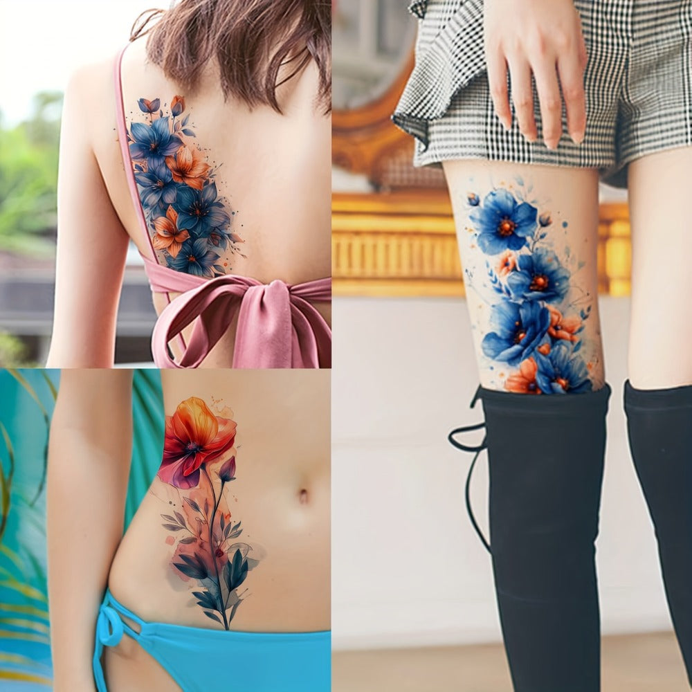 Flower Temporary Tattoos for Women 45 Sheets, 12 Large & 33 Small Realistic Watercolor Floral Fake Tattoo Stickers, Long Lasting Half Arm Body Tattoos Party Supplies Favors
