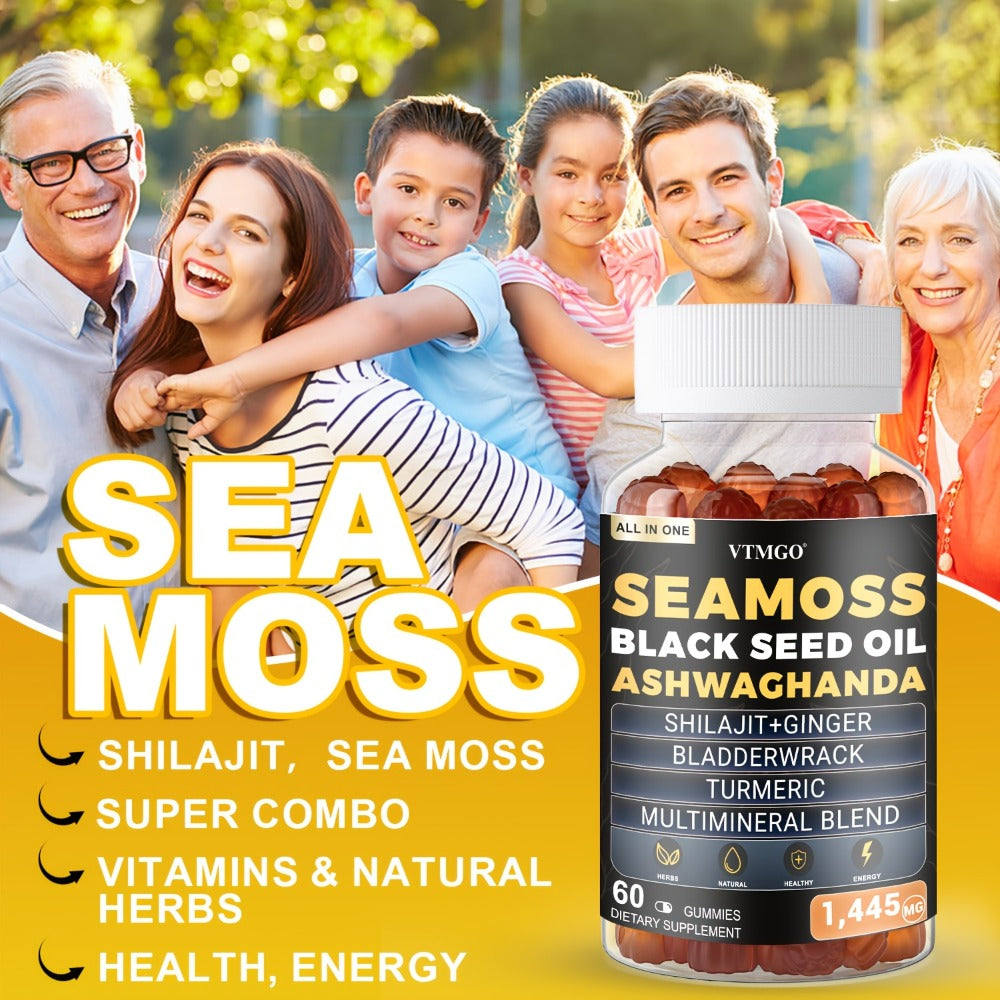 (1/2/3 Bottles)-Sea Moss&Shilajit, Black Seed Oil, Ashwagandha, Ginger, Gummies With Elderberry, Chlorophyll, Turmeric, Bladderwrack 1445Mg, Health, Natural, Antioxidant, Happiness, . 60 Gummies