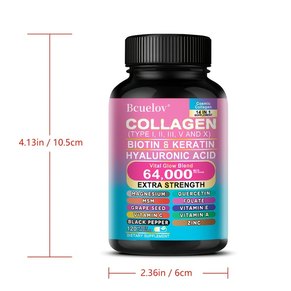 Types I, II, III, V, And X Collagen Supplements - Enriched with Biotin And Keratin, Along with Hyaluronic Acid - Healthy Skin, Nails, And Hair - 120 Capsules