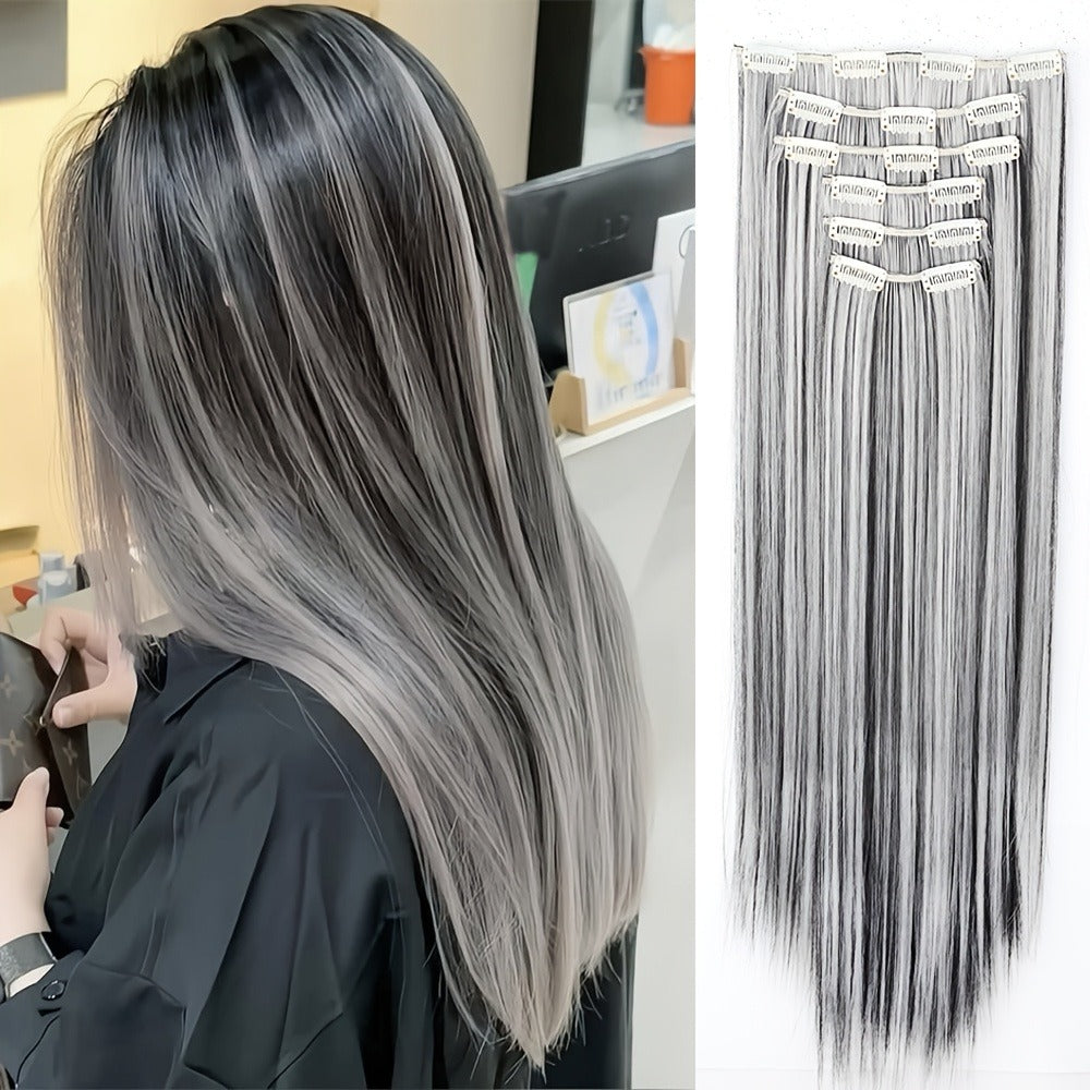 Clip In Hair Extensions Synthetic 6pcs 24 Inch Heat Resistant Black Gray for Women Halloween Costume Party Daily Wear Volume Boosting