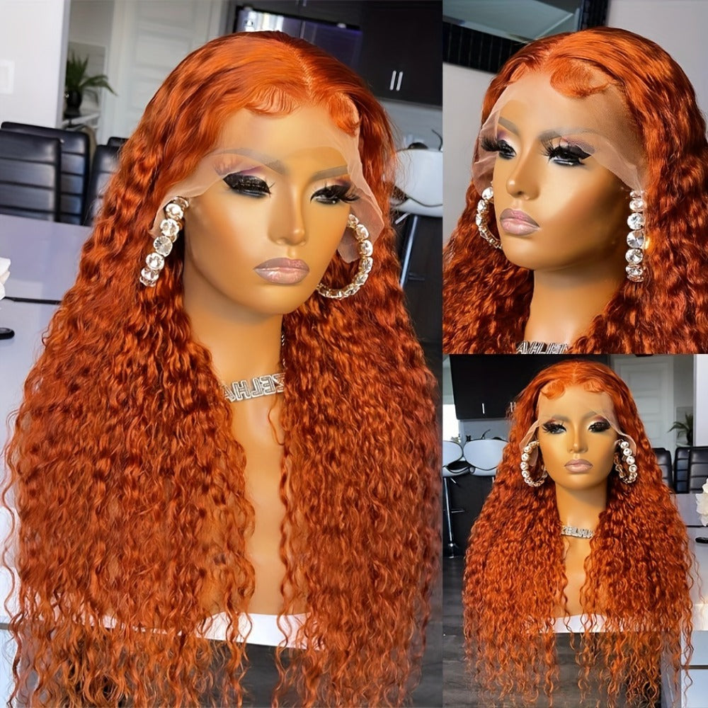 13x4 Deep Wave Orange Ginger Lace Front Wig Orange Glueless Lace Frontal Wig Ginger Orange Curly Lace Frontal Wig Curly Orange Colorful Wig for Women for Christmas Halloween 26 Inch