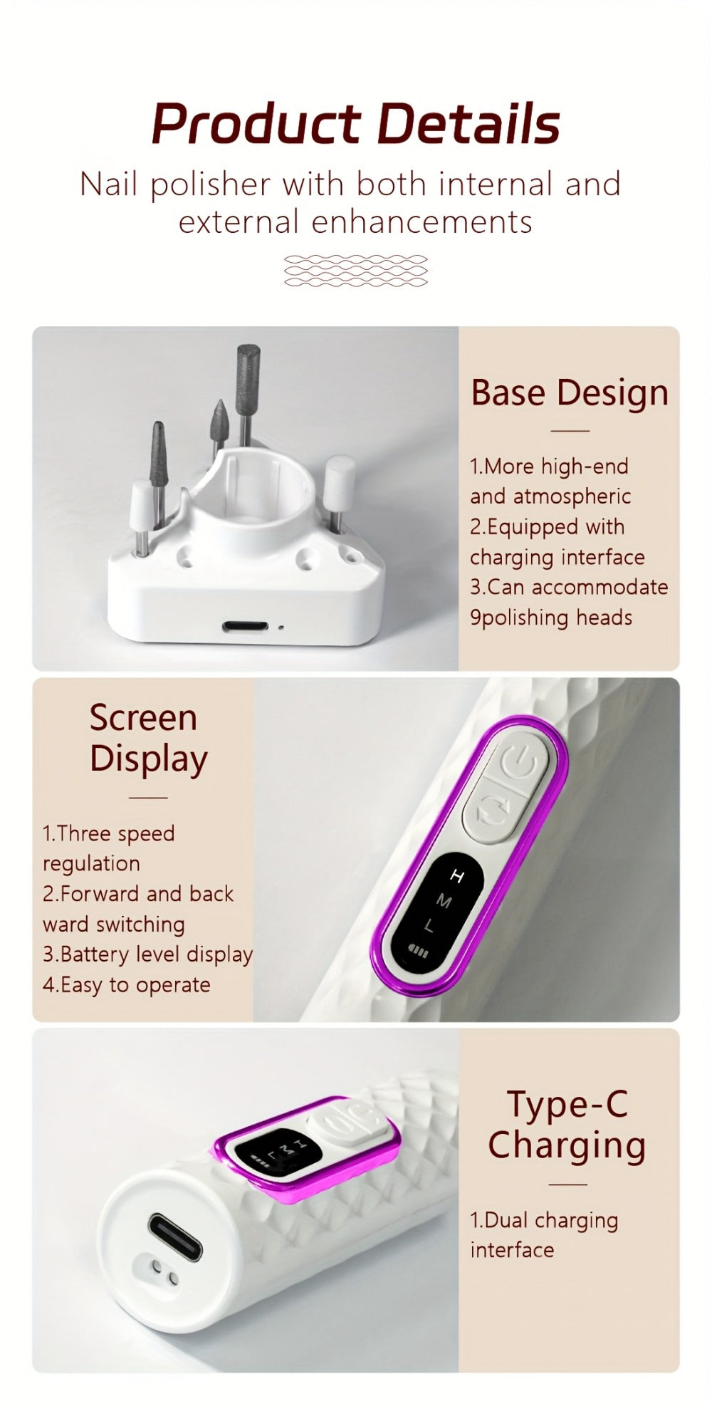 Electric Nail Drill with Portable File And Accessory Bits for Manicure And Nail Care, Featuring Adjustable Speed.