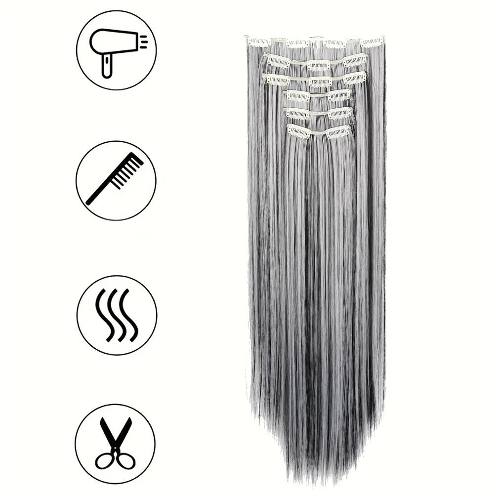 Gray Hair Clip Extensions 6 Piece Set 24 Inch Heat Resistant Synthetic Fiber Space Gray Clip In Hair Extensions for Women Daily Wear Halloween Costume