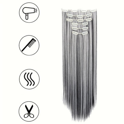 Gray Hair Clip Extensions 6 Piece Set 24 Inch Heat Resistant Synthetic Fiber Space Gray Clip In Hair Extensions for Women Daily Wear Halloween Costume