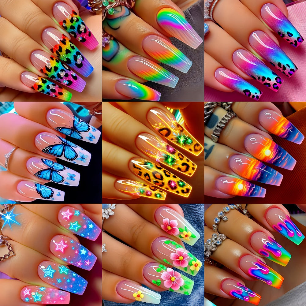 216pcs Assorted Fake Nail Stickers - Ballet, Leopard, Floral, Butterfly, and Glitter Designs - Removable, Glossy Finish - Perfect for Spring & Summer Manicures, Long Nail Stickers | Vibrant Nail Art | Glossy Finish Nails, Nail Decor