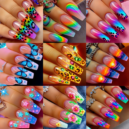Nail Stickers for Long Nails 216pcs - Ballet Leopard Floral Butterfly Glitter Designs - Removable Glossy Nail Art Decals for Spring Summer Manicure - Full Cover Nail Wraps Vibrant Nail Decor
