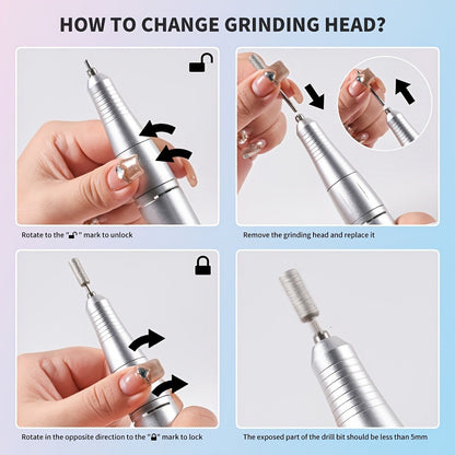 Professional Electric Nail File Kit 45000 RPM LCD Display USB Rechargeable Portable Nail Drill for Acrylic Gel Polishing Removing Manicure Salon Home Gradient Grey White