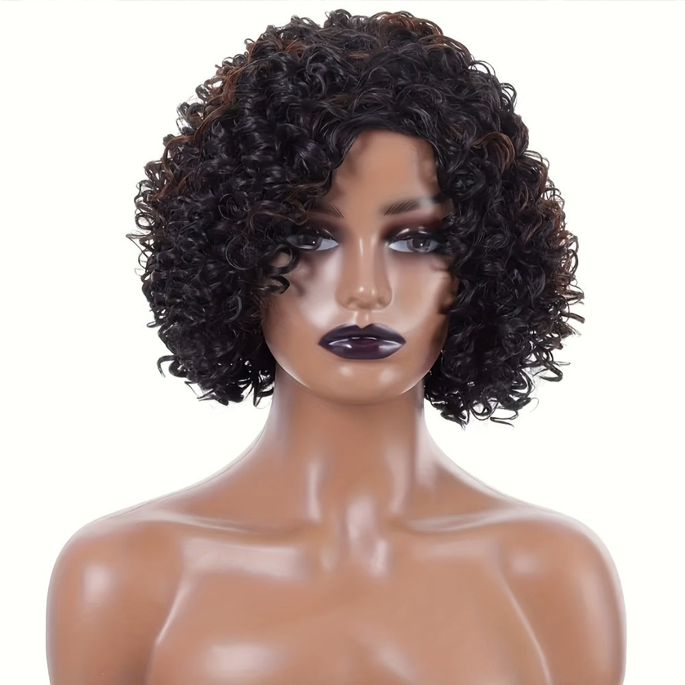 Short Afro Kinky Curly Wig 12 Inch Synthetic Heat Resistant for Women Elastic Cap Black Black Mixed Brown Voluminous Daily Wear Hair Replacement