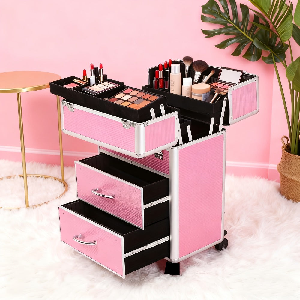 4 Tier Lockable Cosmetic Makeup Train Case with Extendable Trays Pink