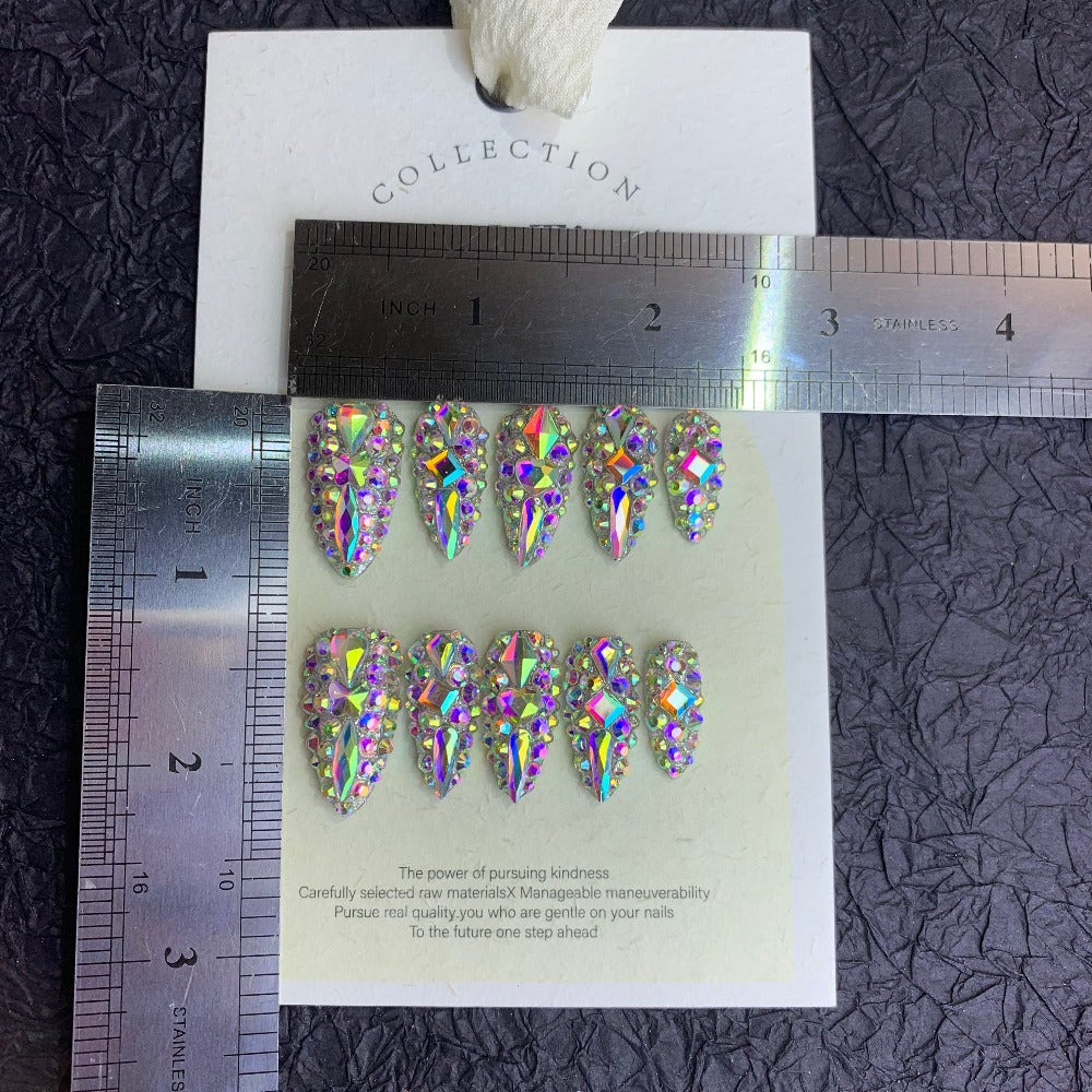 Fake Nails Almond Shape 10pcs Medium Length Glitter Strobe Color Block AB Crystal Rhinestone Press On Nails Kit with Nail File Cuticle Stick Sticker Pad for Party Wedding Date Everyday Wear S M L