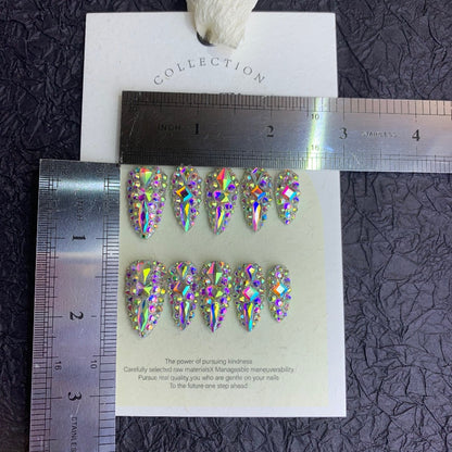 Fake Nails Almond Shape 10pcs Medium Length Glitter Strobe Color Block AB Crystal Rhinestone Press On Nails Kit with Nail File Cuticle Stick Sticker Pad for Party Wedding Date Everyday Wear S M L