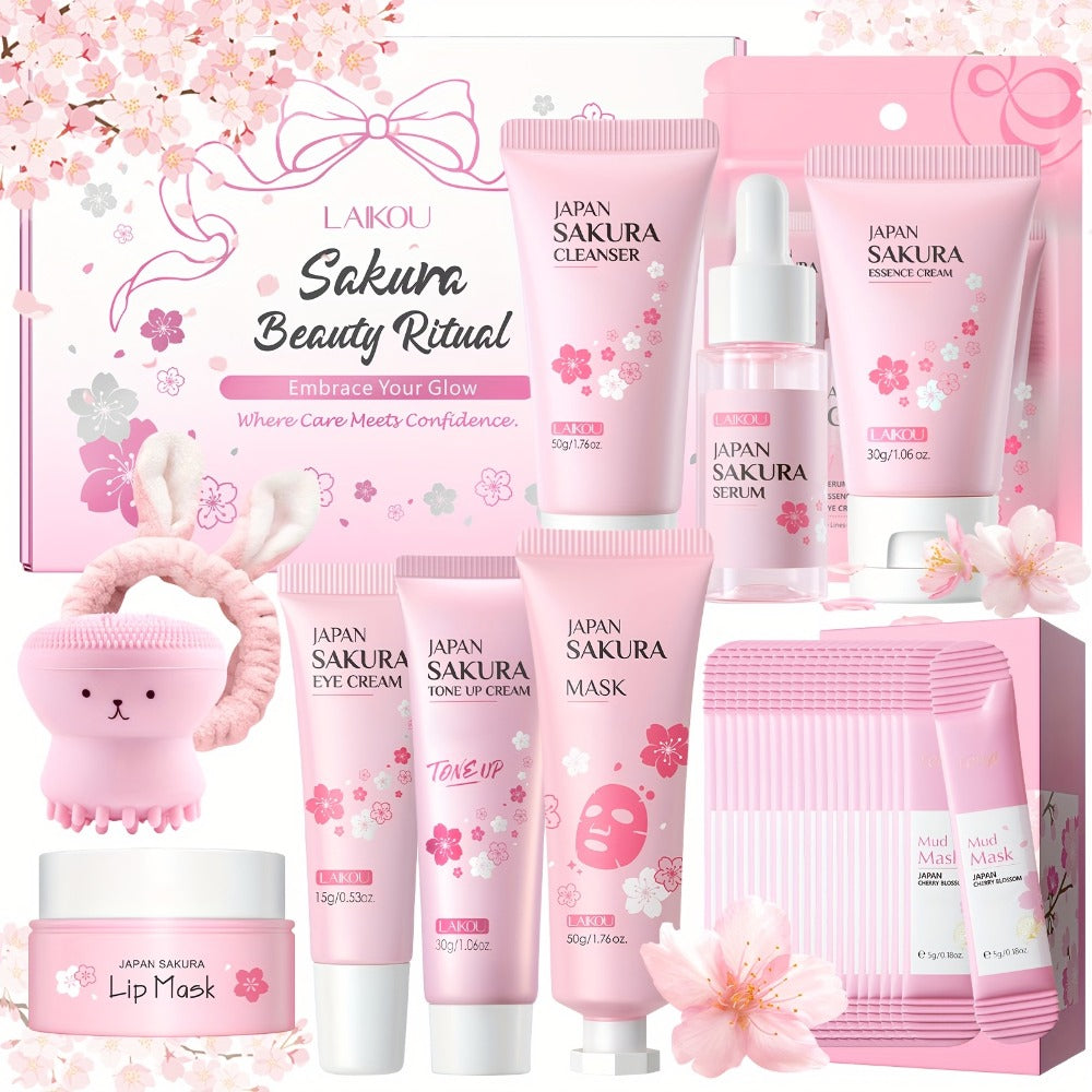 Cherry Blossom Skincare Gift Set, Facial Care Set with Essence Cream, Cleanser, Toner, Eye Cream, Mud Mask, Exfoliating Mask, Eye Mask, Toning Cream, Lip Balm, Etc., Birthday Mother's Day Gift for Female s