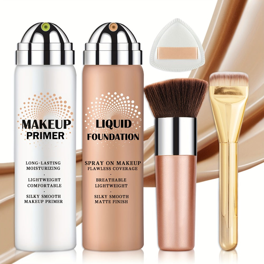 Liquid Foundation & Primer Set — Long-Lasting Silky Smooth Formula | CC Cream BB Cream | Mature Skin | 4 Shades: Natural Beige Nude Porcelain