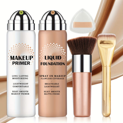 Liquid Foundation & Primer Set — Long-Lasting Silky Smooth Formula | CC Cream BB Cream | Mature Skin | 4 Shades: Natural Beige Nude Porcelain
