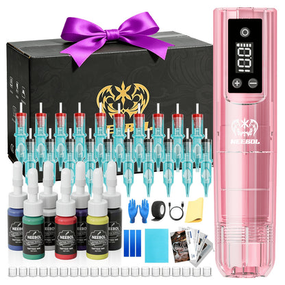 Wireless Tattoo Machine Kit Neebol with Screen Display 6-Hour Battery 10 Red Cartridge Needles 7 Inks Practice Skin Complete Tattoo Pen Gun Set for Beginners Artists Body Art