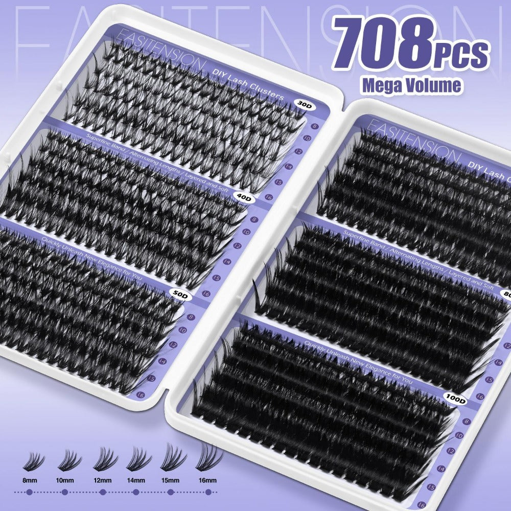 708pcs Wispy Volume Eyelash Extensions Mixed Length 30D-100D Volume Cluster Lashes Premade Lash Kit With Bond Seal & Applicator For Everyday Look, Party, Travel And Events