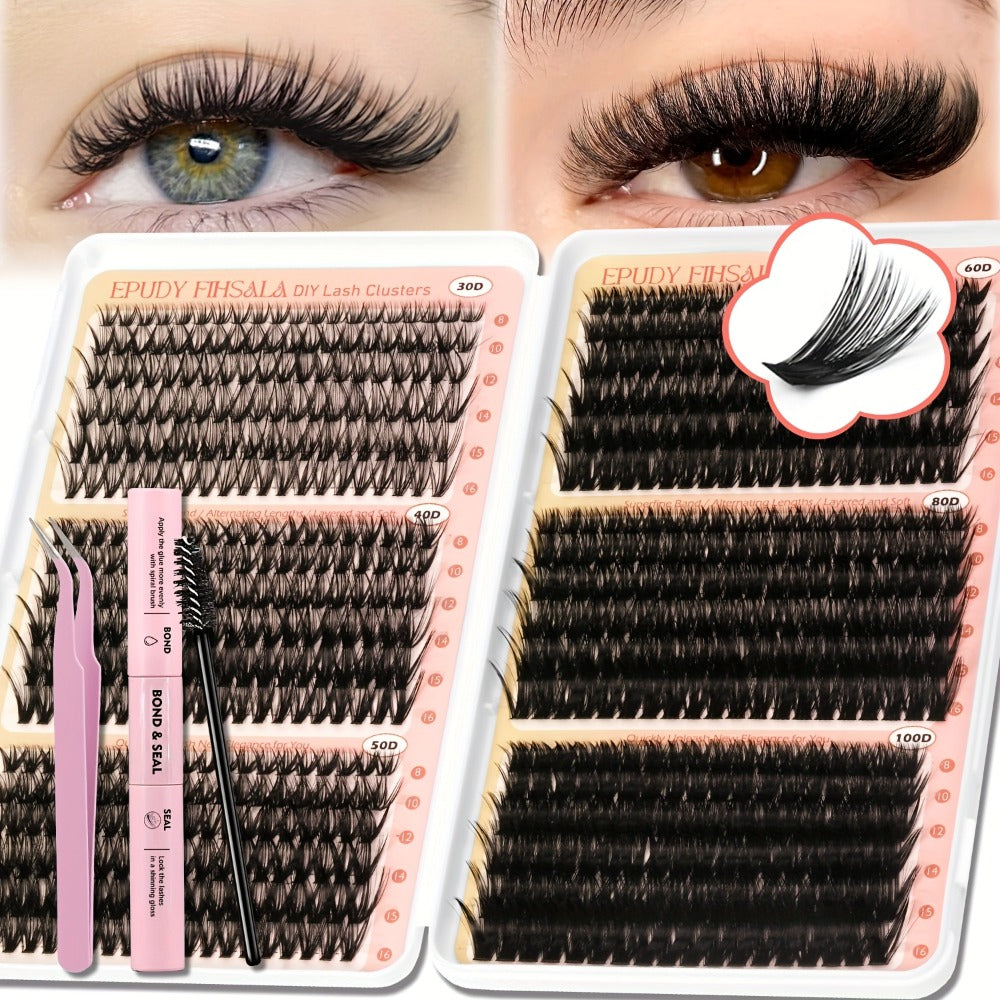 Lash Clusters Kit 708pcs 8-16Mm Mixed 30D-100D Lashes Clusters Kit with Glue, Tweezers And Brush, Mega Volume Cluster Lashes for Natural Or Dramatic Eye Makeup, Soft Reusable Eyelash Clusters Kit for Long Lasting Salon Style Look Easily at Home
